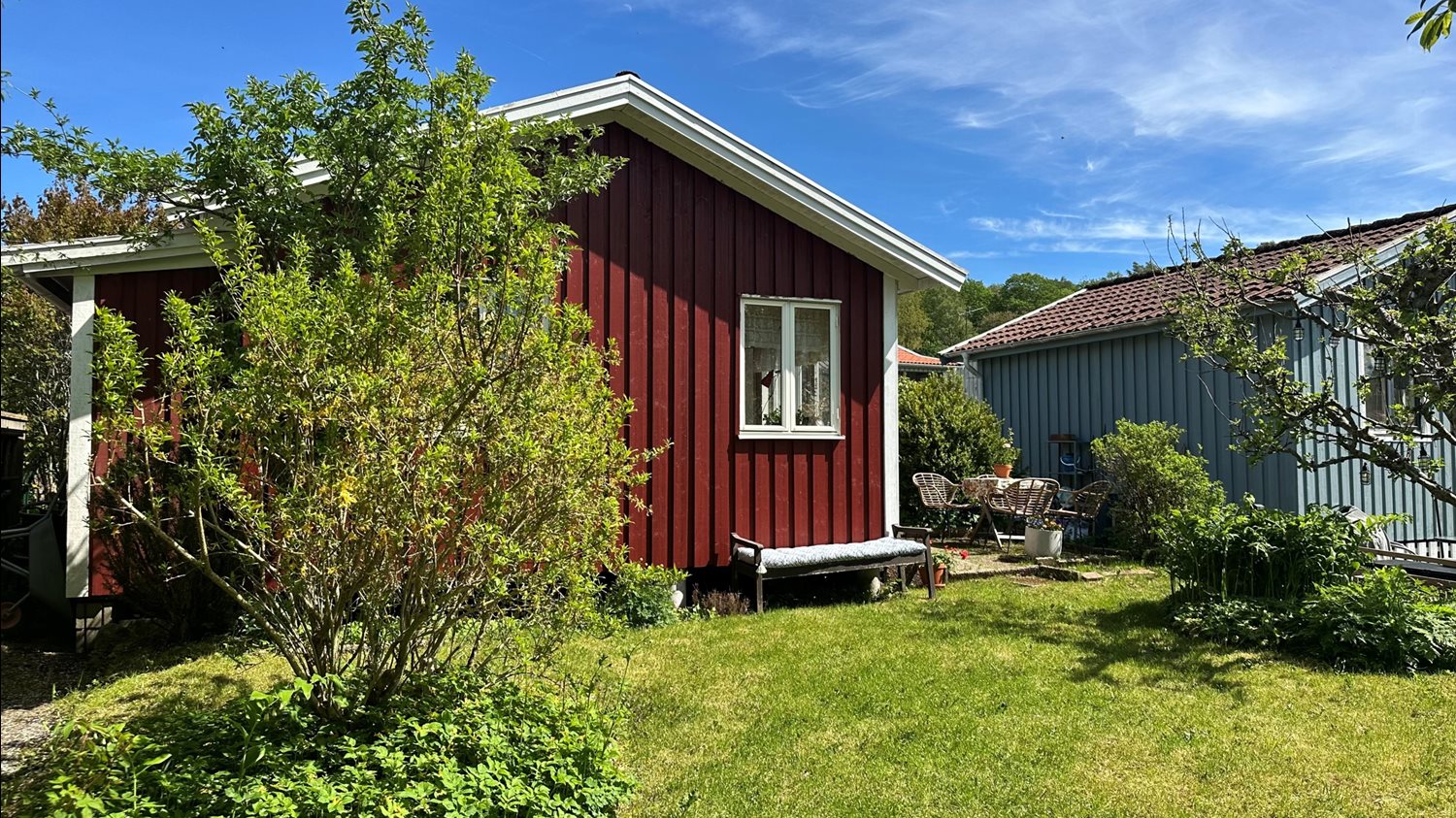 Vy inifrån trädgården mot stugan