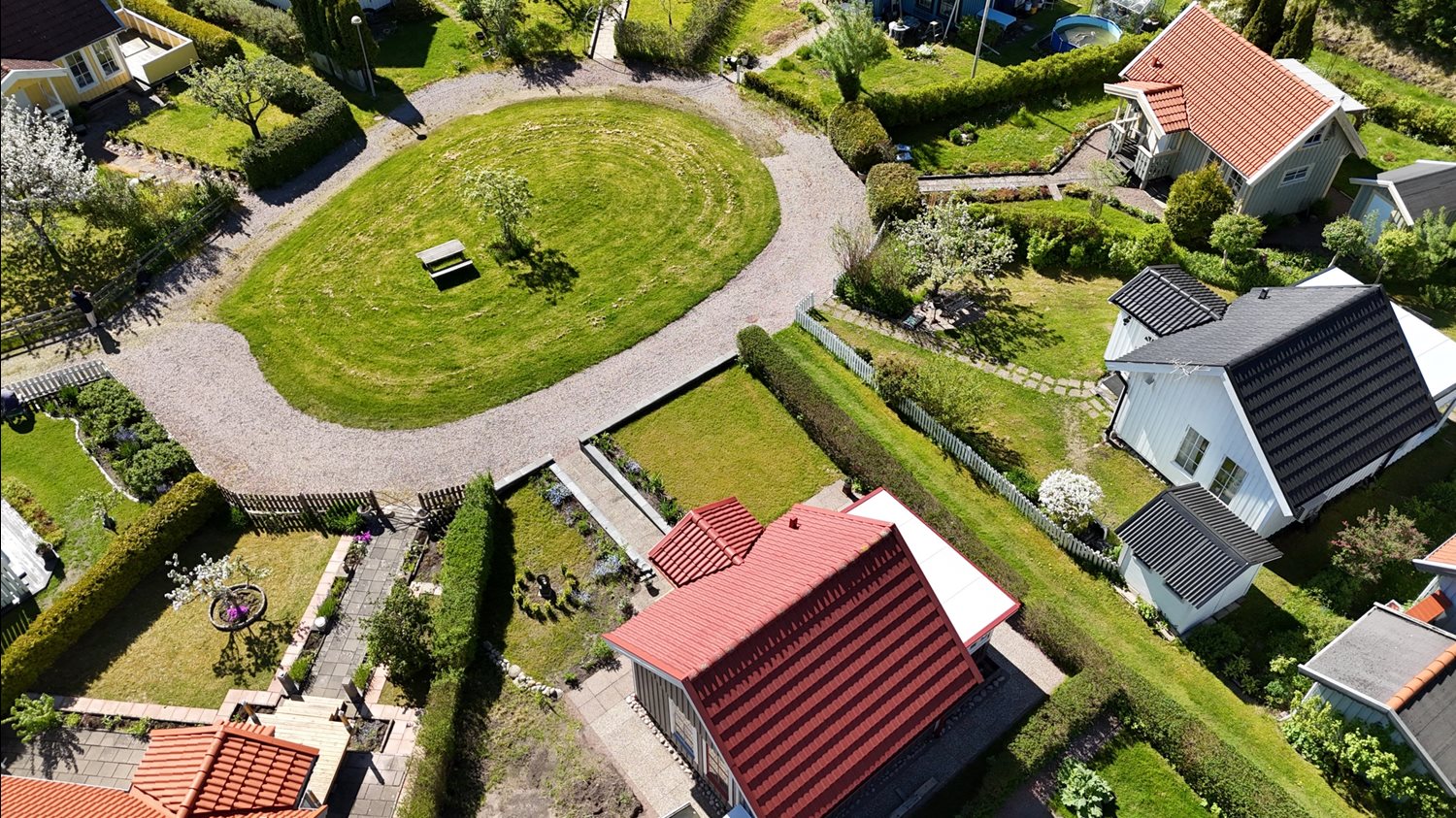 Drönarbild över stugan och tunet